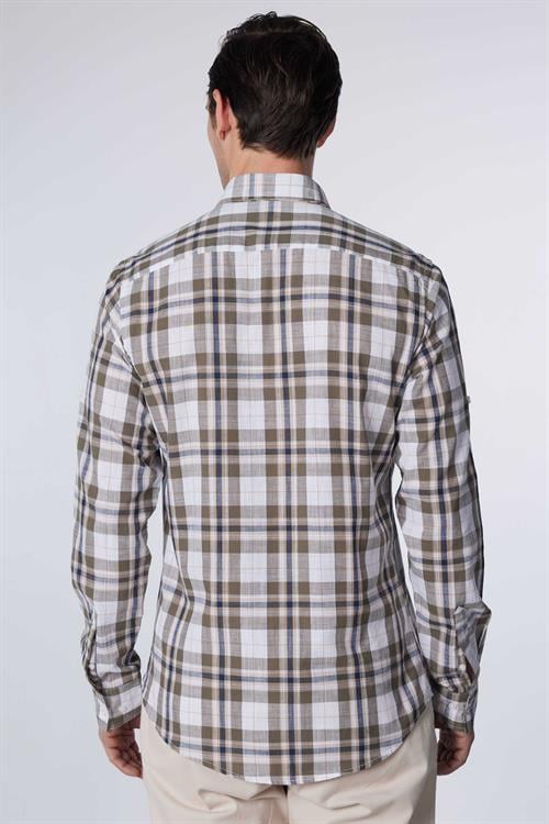 Erkek Slim Fit Dar Kesim Uzun Kollu %100 Pamuk Keten Doku Kareli Gömlek