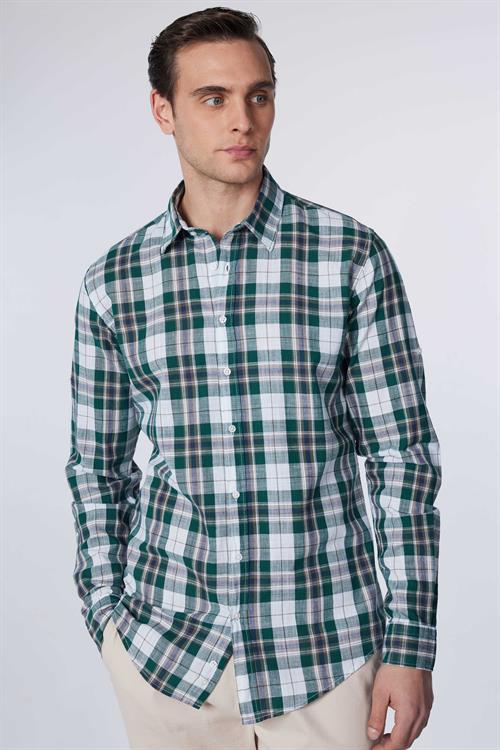 Erkek Slim Fit Dar Kesim Uzun Kollu %100 Pamuk Keten Doku Kareli Gömlek