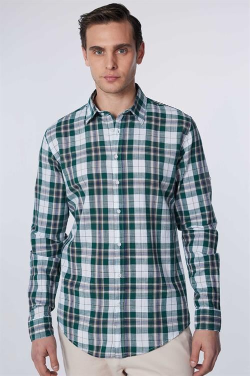 Erkek Slim Fit Dar Kesim Uzun Kollu %100 Pamuk Keten Doku Kareli Gömlek