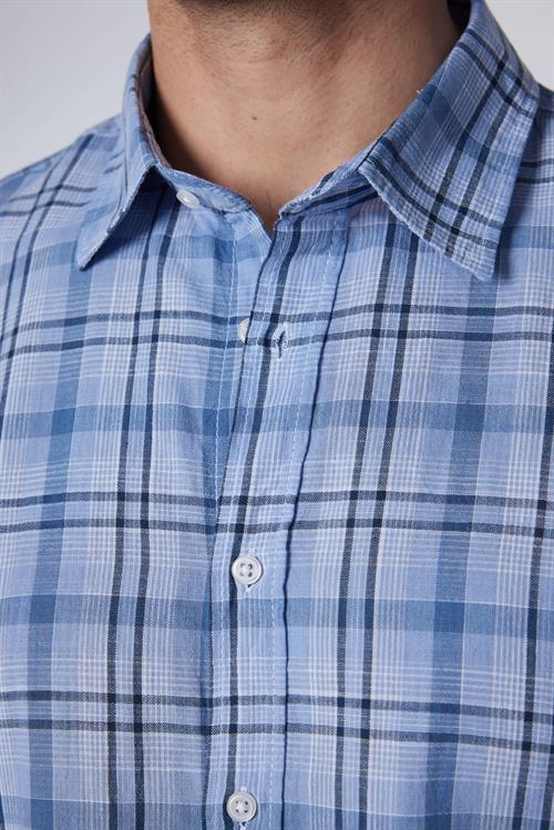 Erkek Slim Fit Dar Kesim Uzun Kollu %100 Pamuk Keten Doku Kareli Gömlek