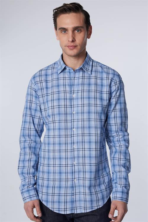 Erkek Slim Fit Dar Kesim Uzun Kollu %100 Pamuk Keten Doku Kareli Gömlek