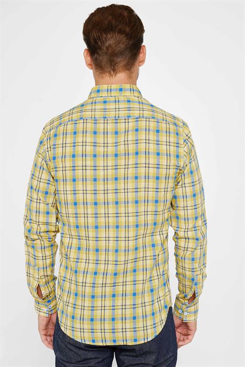 Erkek Slim Fit Dar Kesim Uzun Kollu %100 Pamuk Keten Doku Kareli Gömlek