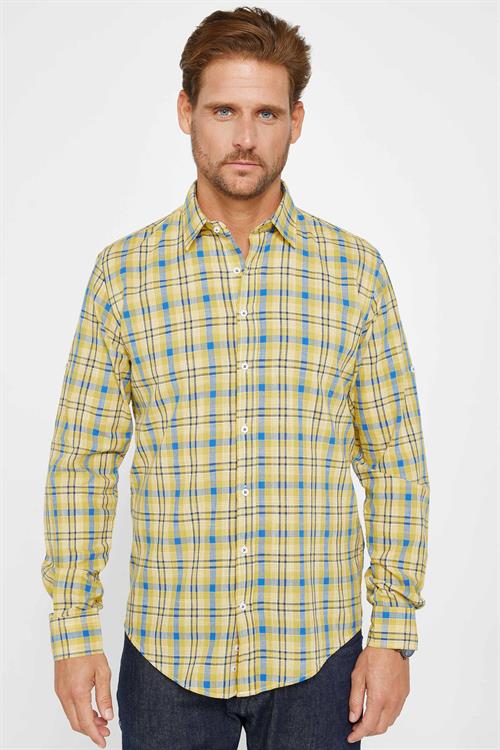 Erkek Slim Fit Dar Kesim Uzun Kollu %100 Pamuk Keten Doku Kareli Gömlek