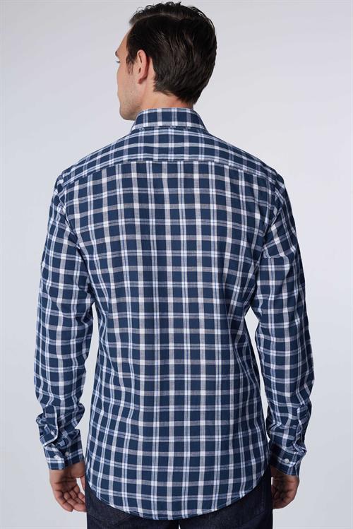 Erkek Slim Fit Dar Kesim Uzun Kollu %100 Pamuk Keten Doku Kareli Gömlek