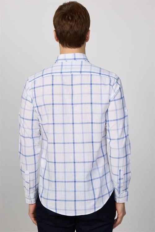 Erkek Slim Fit Dar Kesim Uzun Kollu %100 Pamuk Keten Doku Kareli Gömlek