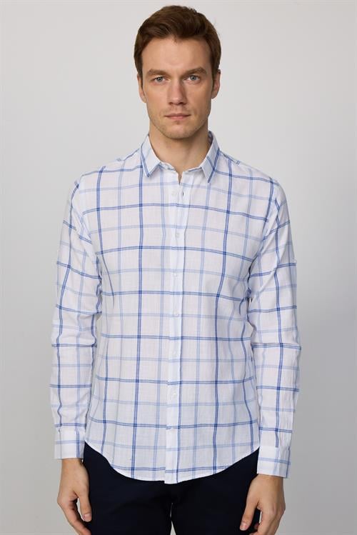 Erkek Slim Fit Dar Kesim Uzun Kollu %100 Pamuk Keten Doku Kareli Gömlek