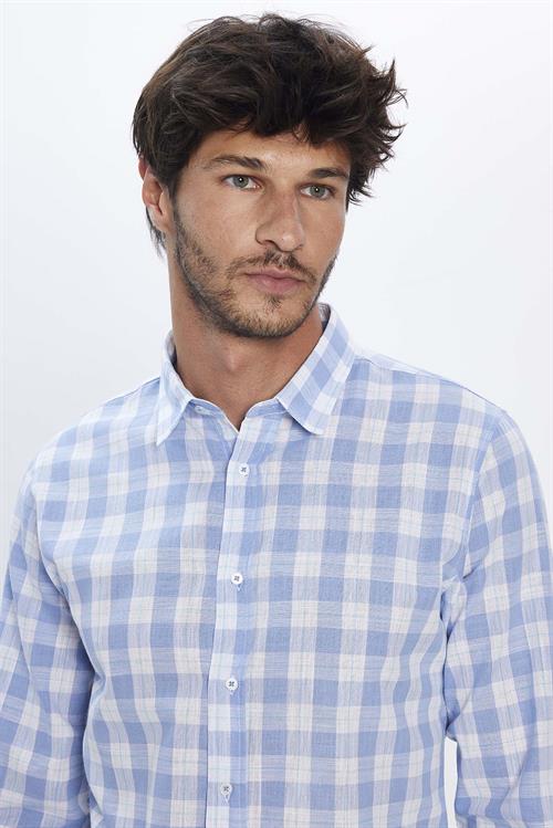Erkek Slim Fit Dar Kesim Uzun Kollu %100 Pamuk Keten Doku Kareli Gömlek