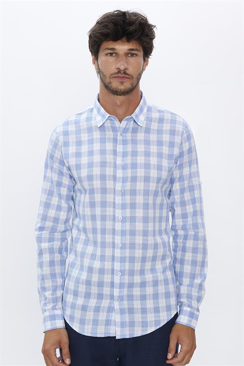 Erkek Slim Fit Dar Kesim Uzun Kollu %100 Pamuk Keten Doku Kareli Gömlek