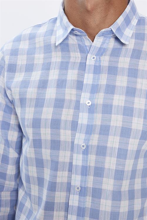 Erkek Slim Fit Dar Kesim Uzun Kollu %100 Pamuk Keten Doku Kareli Gömlek