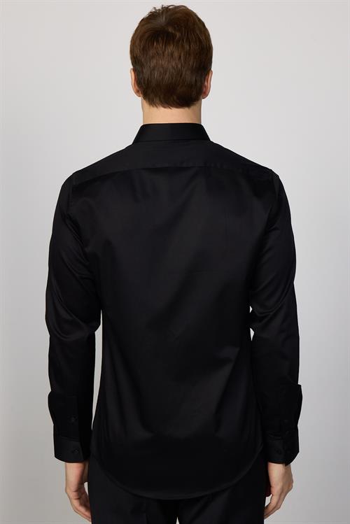 Erkek Slim Fit Dar Kesim Uzun Kollu Pamuklu Premium Seri Cotton Likralı Siyah Gömlek