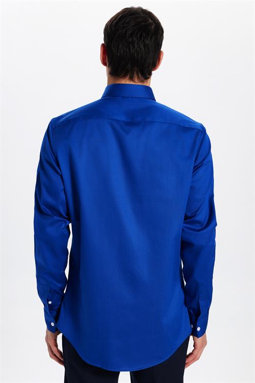 Erkek Slim Fit Dar Kesim Uzun Kollu Pamuklu Premium Seri Cotton Likralı Saks Mavi Gömlek