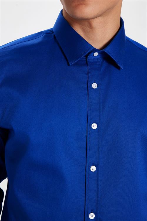 Erkek Slim Fit Dar Kesim Uzun Kollu Pamuklu Premium Seri Cotton Likralı Saks Mavi Gömlek
