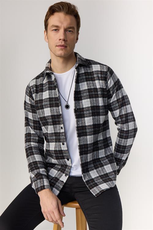Erkek Slim Fit Dar Kesim Uzun Kollu Kareli Kışlık Oduncu Gömlek