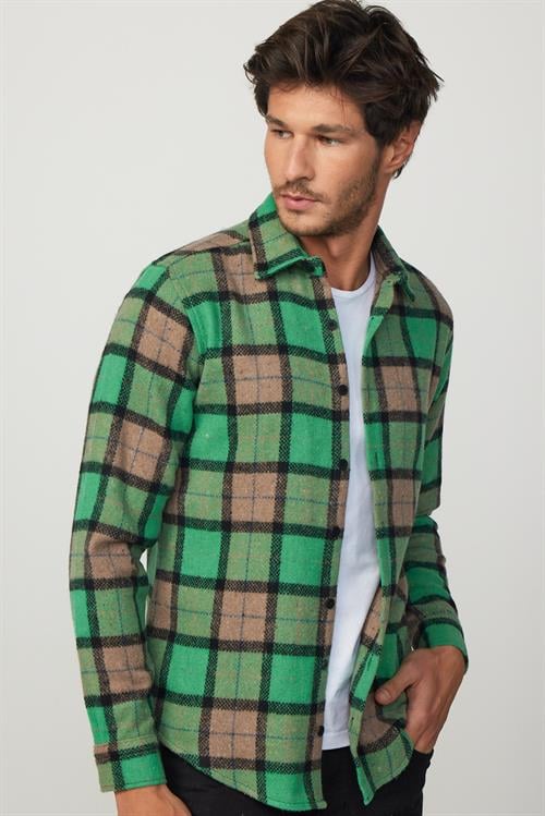 Erkek Slim Fit Dar Kesim Uzun Kollu Kareli Kışlık Oduncu Gömlek - 1 Alana 1 Bedava
