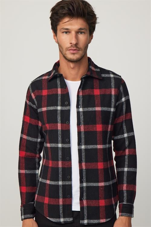 Erkek Slim Fit Dar Kesim Uzun Kollu Kareli Kışlık Oduncu Gömlek