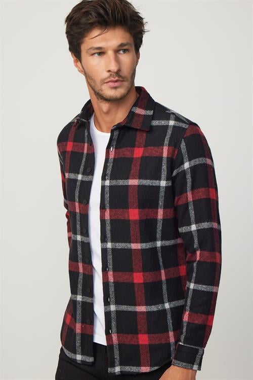 Erkek Slim Fit Dar Kesim Uzun Kollu Kareli Kışlık Oduncu Gömlek