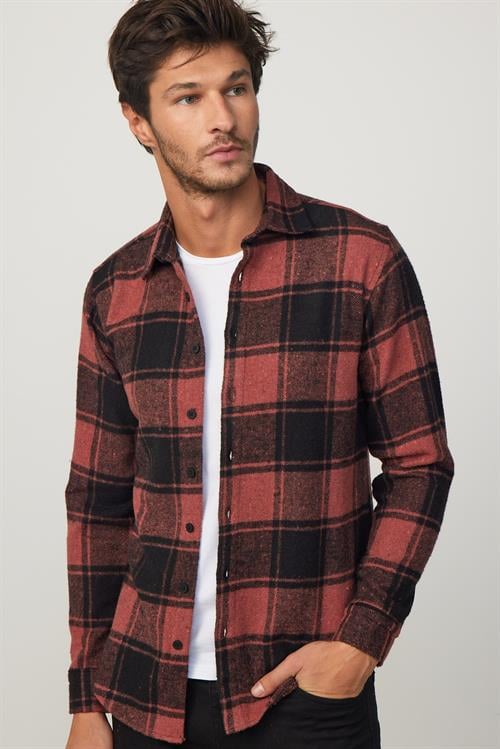 Erkek Slim Fit Dar Kesim Uzun Kollu Kareli Kışlık Oduncu Gömlek
