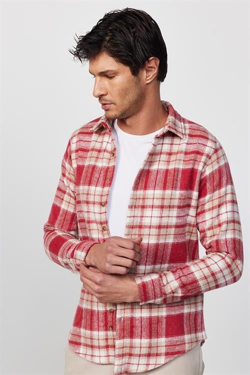 Erkek Slim Fit Dar Kesim Uzun Kollu Kareli Kışlık Oduncu Gömlek