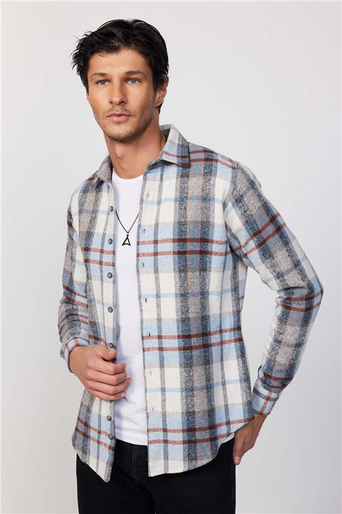 Erkek Slim Fit Dar Kesim Uzun Kollu Kareli Kışlık Oduncu Gömlek