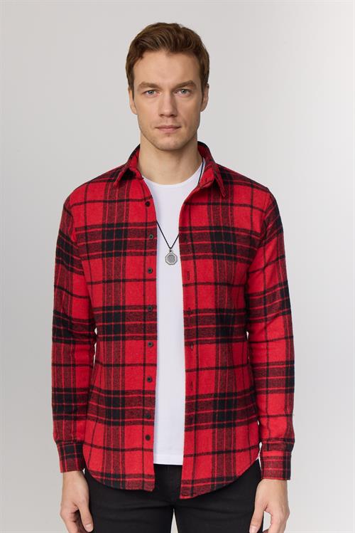 Erkek Slim Fit Dar Kesim Uzun Kollu Kareli Kışlık Oduncu Gömlek