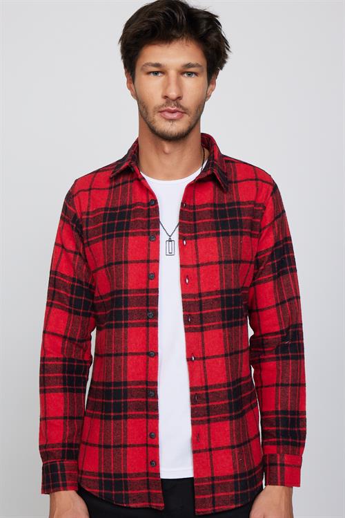 Erkek Slim Fit Dar Kesim Uzun Kollu Kareli Kışlık Oduncu Gömlek