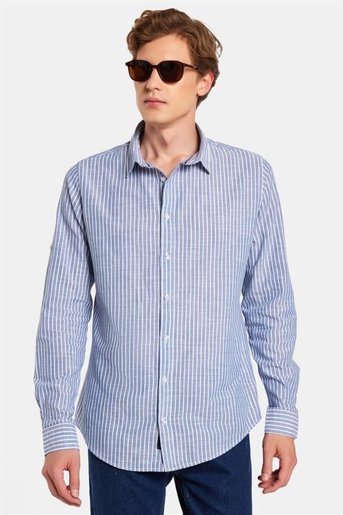 Erkek Slim Fit Dar Kesim Uzun Kollu %100 Pamuk Keten Doku Çizgili Gömlek