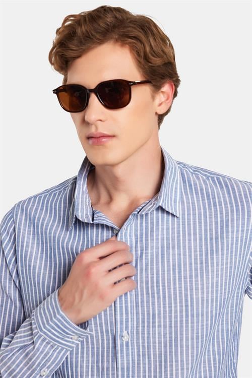 Erkek Slim Fit Dar Kesim Uzun Kollu %100 Pamuk Keten Doku Çizgili Gömlek