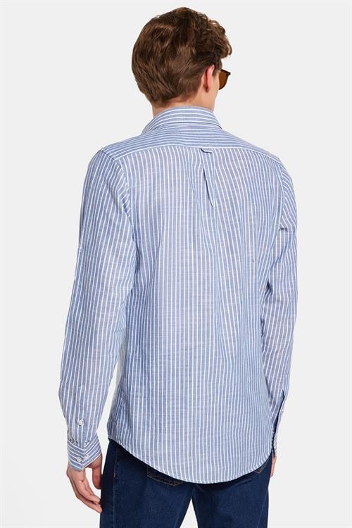 Erkek Slim Fit Dar Kesim Uzun Kollu %100 Pamuk Keten Doku Çizgili Gömlek