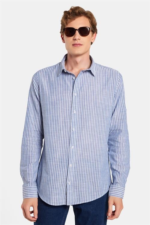 Erkek Slim Fit Dar Kesim Uzun Kollu %100 Pamuk Keten Doku Çizgili Gömlek