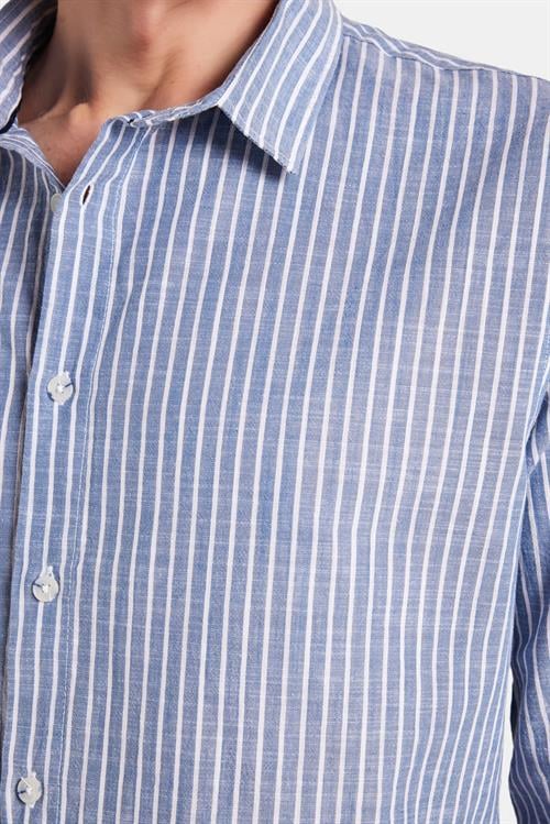 Erkek Slim Fit Dar Kesim Uzun Kollu %100 Pamuk Keten Doku Çizgili Gömlek
