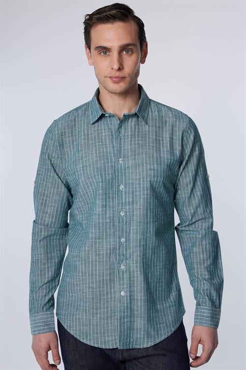 Erkek Slim Fit Dar Kesim Uzun Kollu %100 Pamuk Keten Doku Çizgili Gömlek
