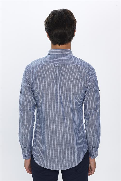 Erkek Slim Fit Dar Kesim Uzun Kollu %100 Pamuk Keten Doku Çizgili Gömlek