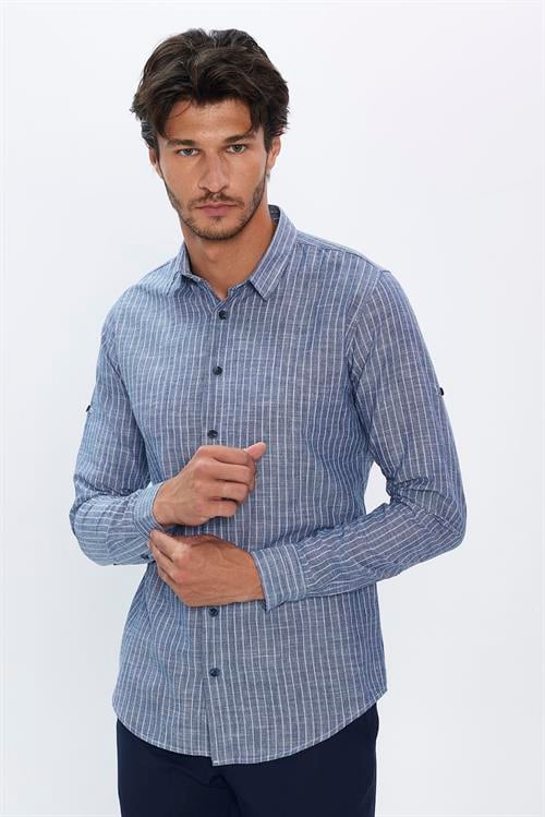 Erkek Slim Fit Dar Kesim Uzun Kollu %100 Pamuk Keten Doku Çizgili Gömlek