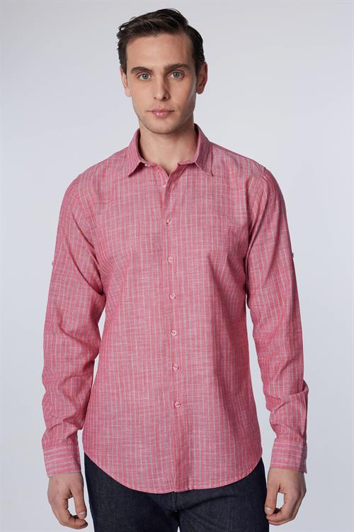 Erkek Slim Fit Dar Kesim Uzun Kollu %100 Pamuk Keten Doku Çizgili Gömlek