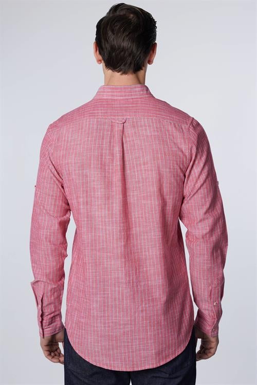Erkek Slim Fit Dar Kesim Uzun Kollu %100 Pamuk Keten Doku Çizgili Gömlek