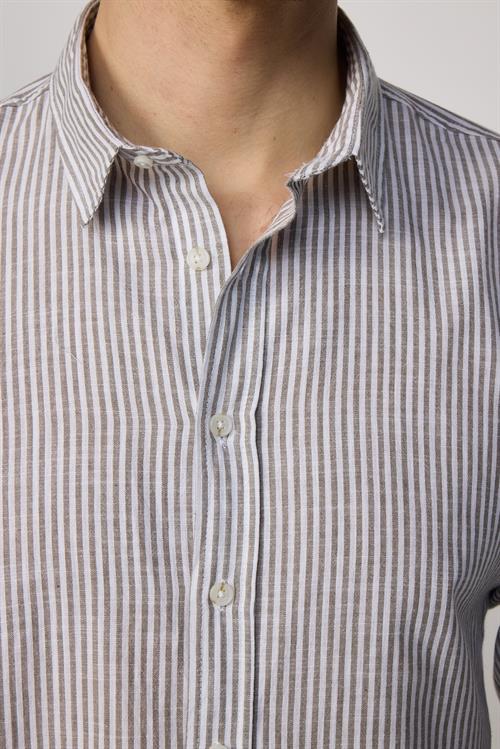 Erkek Slim Fit Dar Kesim Uzun Kollu %100 Pamuk Keten Doku Çizgili Gömlek