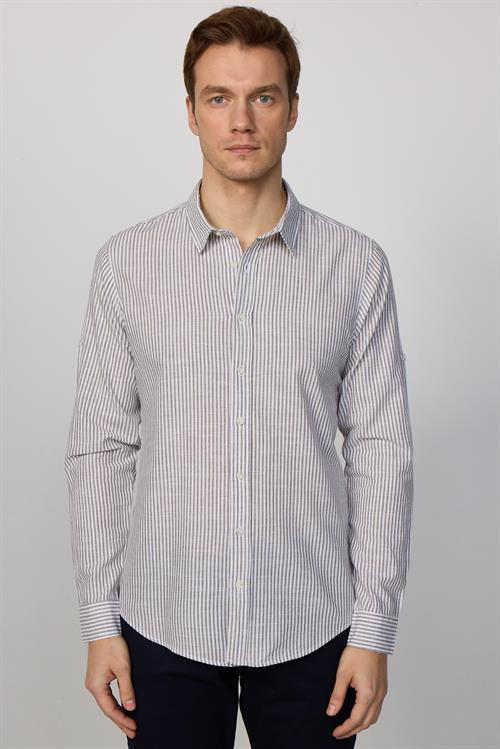 Erkek Slim Fit Dar Kesim Uzun Kollu %100 Pamuk Keten Doku Çizgili Gömlek