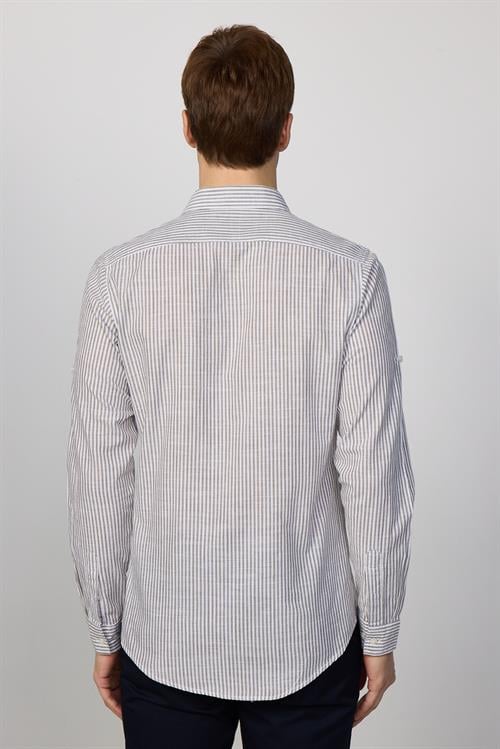Erkek Slim Fit Dar Kesim Uzun Kollu %100 Pamuk Keten Doku Çizgili Gömlek
