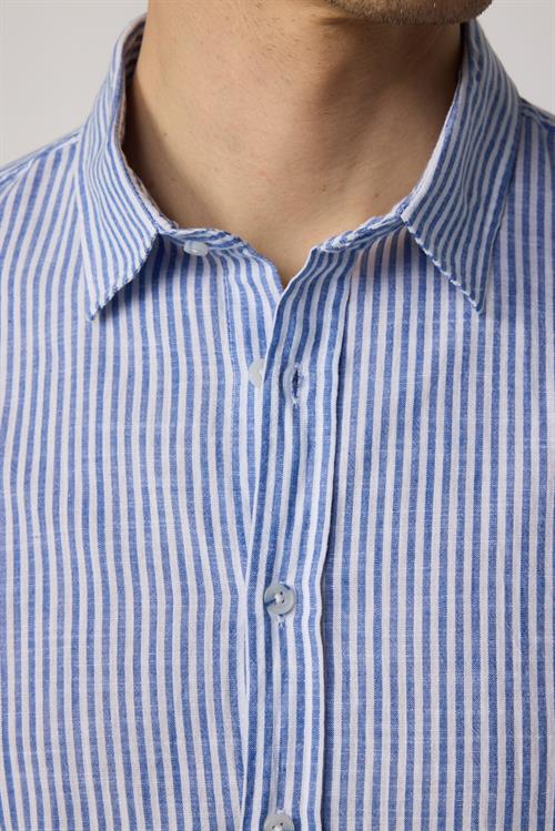 Erkek Slim Fit Dar Kesim Uzun Kollu %100 Pamuk Keten Doku Çizgili Gömlek