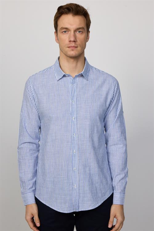 Erkek Slim Fit Dar Kesim Uzun Kollu %100 Pamuk Keten Doku Çizgili Gömlek