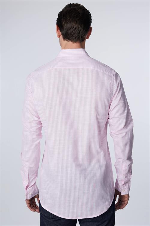Erkek Slim Fit Dar Kesim Uzun Kollu %100 Pamuk Keten Doku Çizgili Gömlek