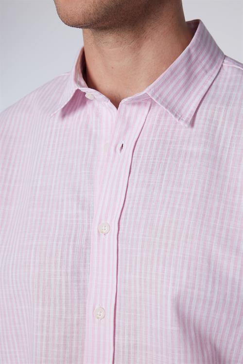 Erkek Slim Fit Dar Kesim Uzun Kollu %100 Pamuk Keten Doku Çizgili Gömlek
