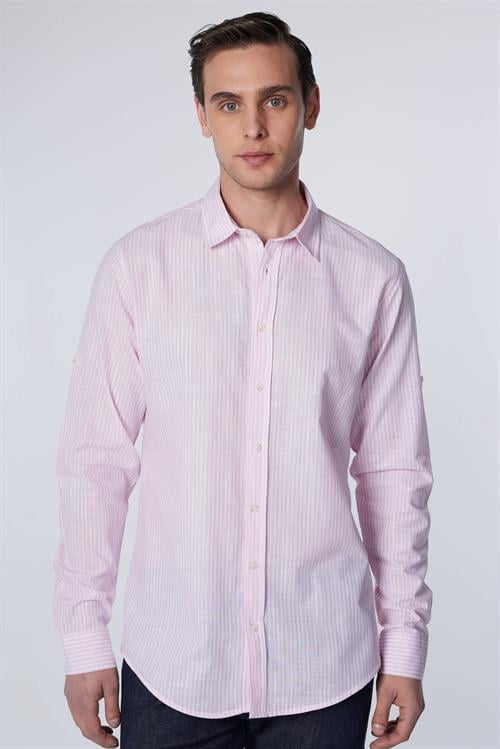 Erkek Slim Fit Dar Kesim Uzun Kollu %100 Pamuk Keten Doku Çizgili Gömlek