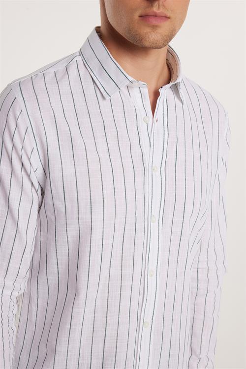 Erkek Slim Fit Dar Kesim Uzun Kollu %100 Pamuk Keten Doku Çizgili Gömlek