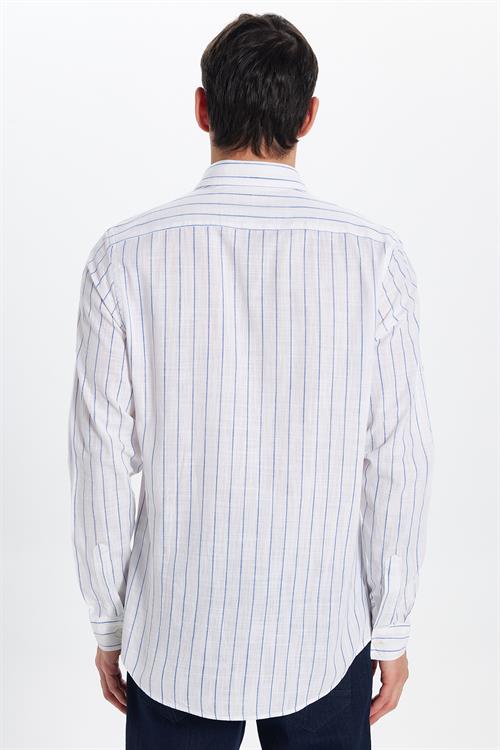 Erkek Slim Fit Dar Kesim Uzun Kollu %100 Pamuk Keten Doku Çizgili Gömlek