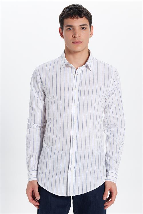 Erkek Slim Fit Dar Kesim Uzun Kollu %100 Pamuk Keten Doku Çizgili Gömlek