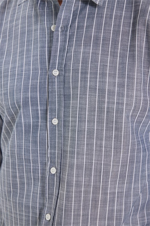 Erkek Slim Fit Dar Kesim Uzun Kollu %100 Pamuk Keten Doku Çizgili Gömlek