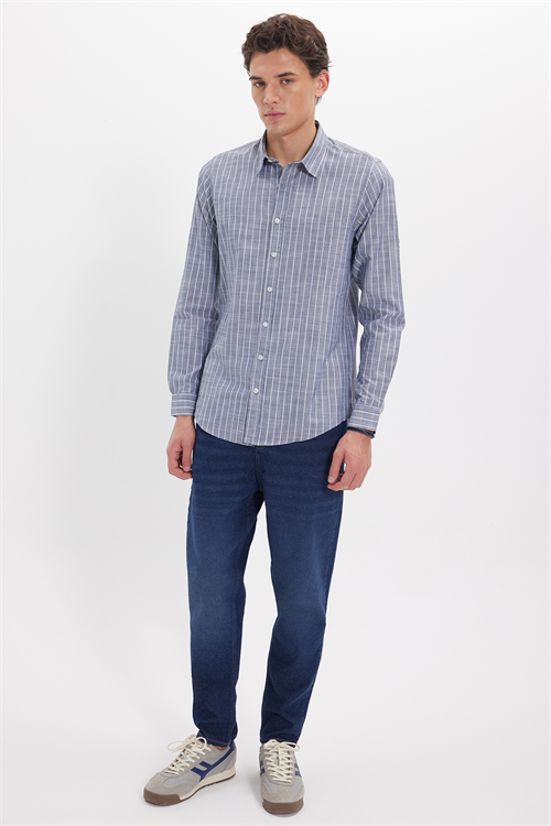 Erkek Slim Fit Dar Kesim Uzun Kollu %100 Pamuk Keten Doku Çizgili Gömlek