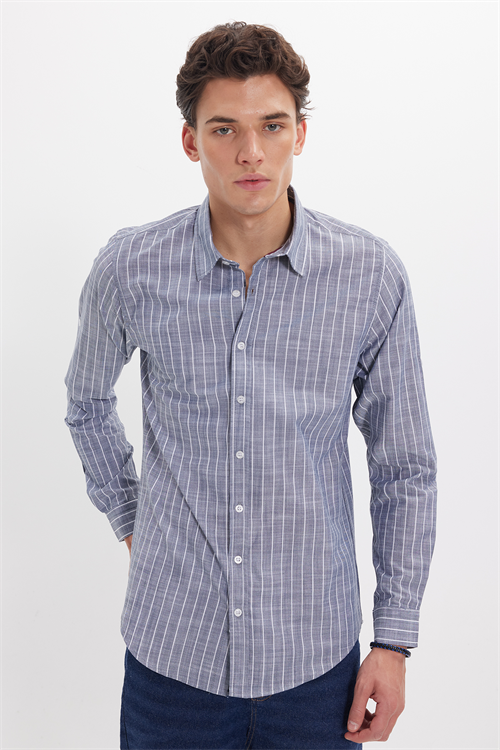 Erkek Slim Fit Dar Kesim Uzun Kollu %100 Pamuk Keten Doku Çizgili Gömlek