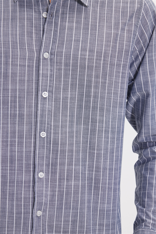 Erkek Slim Fit Dar Kesim Uzun Kollu %100 Pamuk Keten Doku Çizgili Gömlek